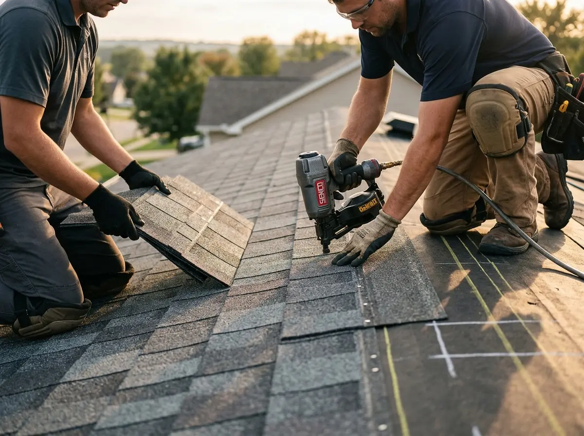 Professional roofer working on a residential roof in Deerfield